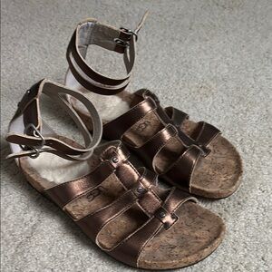 UGG Bronze Strappy Sandals with Ankle Buckle and Cork Bottom Size 6